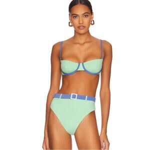 NWT WeWoreWhat Balconette Bikini Top in Mint Green & Blue Jean Color Block XS